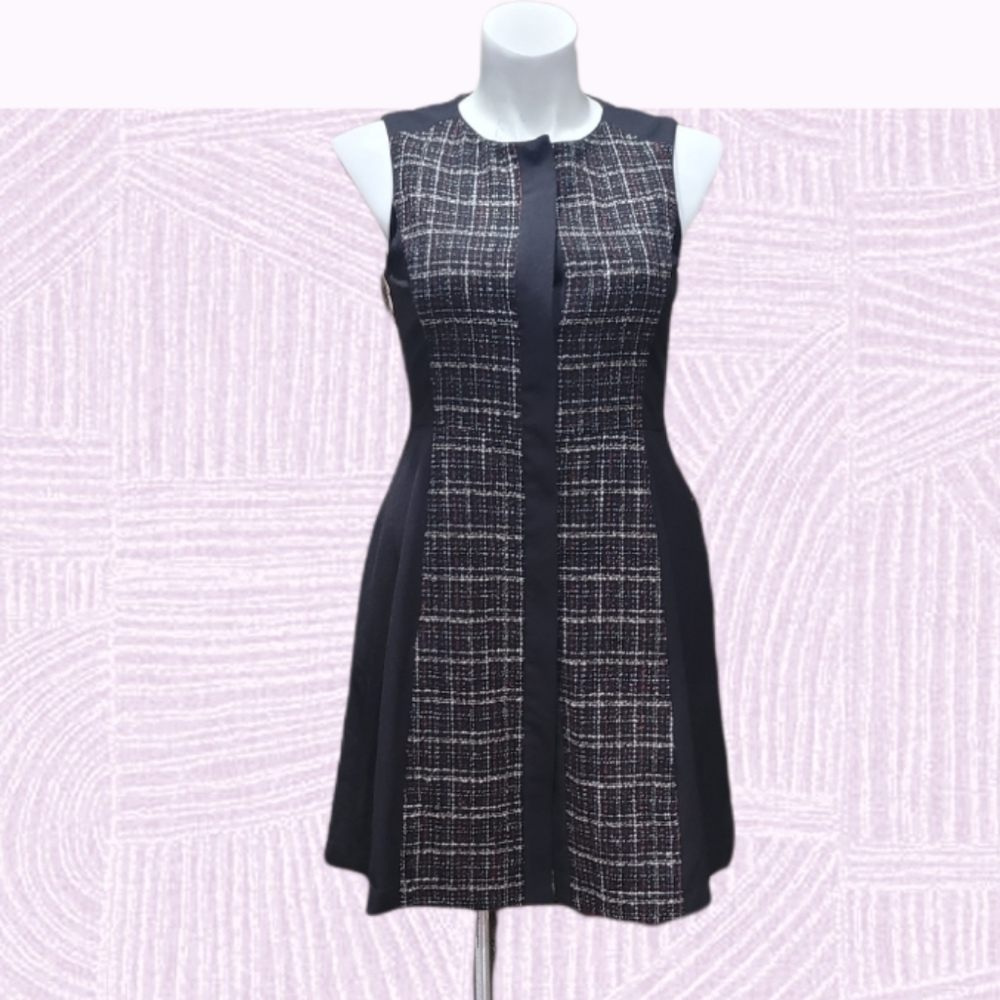 Vince Camuto Sleeveless A-line Dress Black Tweed Detail Women Sz M with Pockets